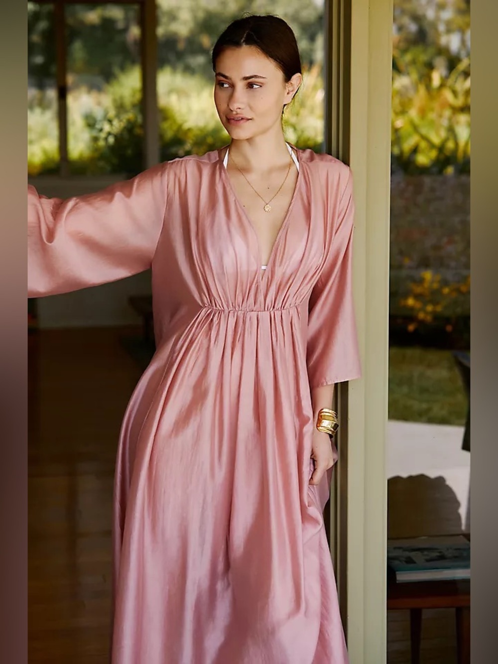 Anthropologie Rose Pink Satin V-Neck Caftan Swimsuit Coverup